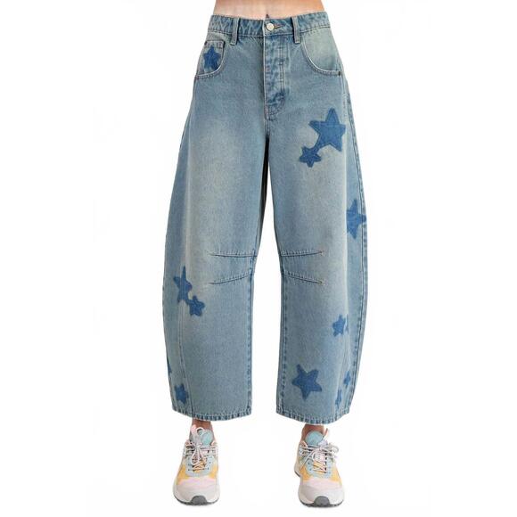 EASEL Denim - NEW EASEL starstruck patchwork barrel jeans in blue